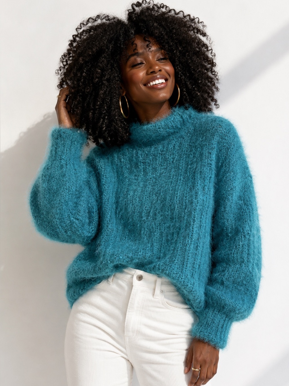 Express Teal Fuzzy Cowl Neck Sweater